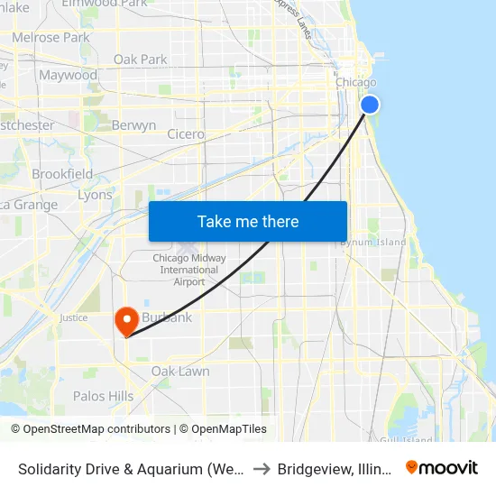 Solidarity Drive & Aquarium (West) to Bridgeview, Illinois map