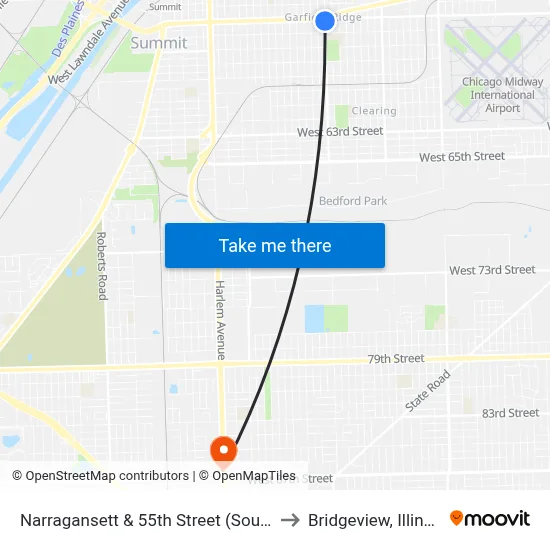 Narragansett & 55th Street (South) to Bridgeview, Illinois map