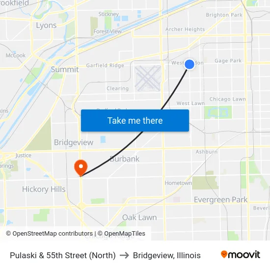 Pulaski & 55th Street (North) to Bridgeview, Illinois map