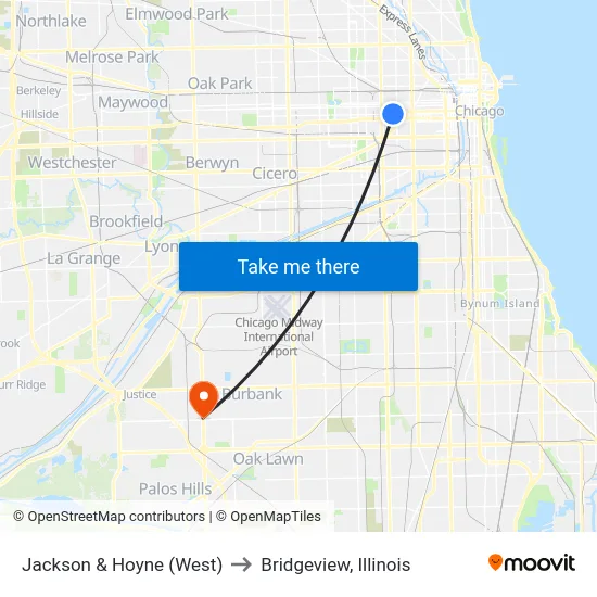 Jackson & Hoyne (West) to Bridgeview, Illinois map