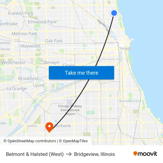 Belmont & Halsted (West) to Bridgeview, Illinois map