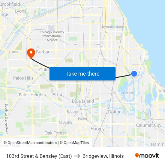 103rd Street & Bensley (East) to Bridgeview, Illinois map