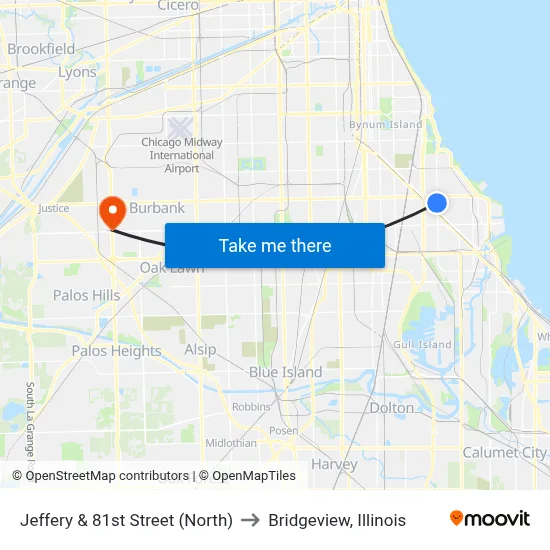 Jeffery & 81st Street (North) to Bridgeview, Illinois map