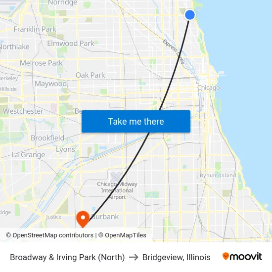 Broadway & Irving Park (North) to Bridgeview, Illinois map