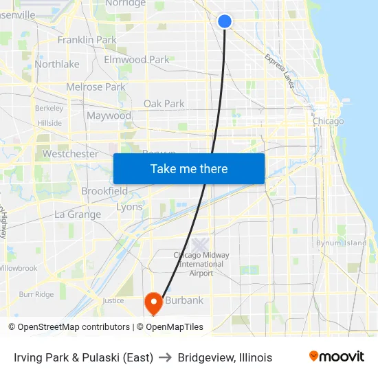 Irving Park & Pulaski (East) to Bridgeview, Illinois map