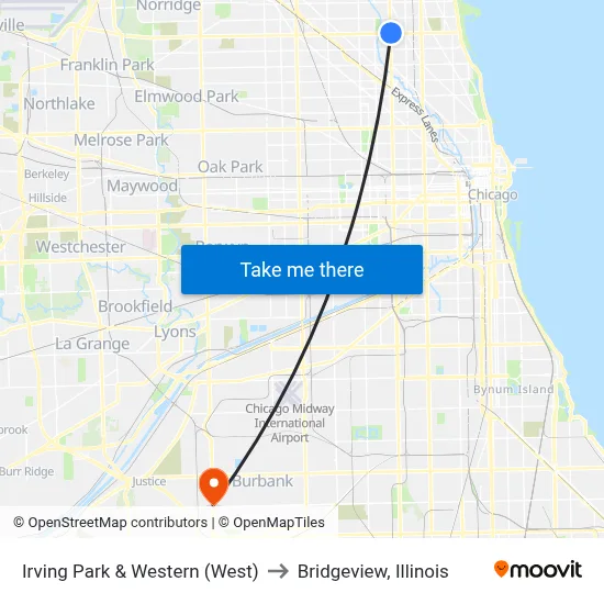 Irving Park & Western (West) to Bridgeview, Illinois map