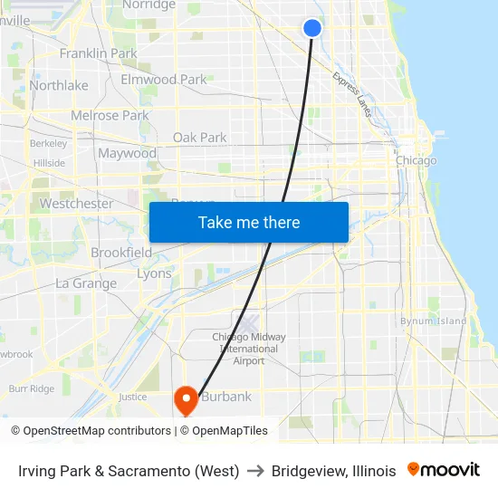 Irving Park & Sacramento (West) to Bridgeview, Illinois map