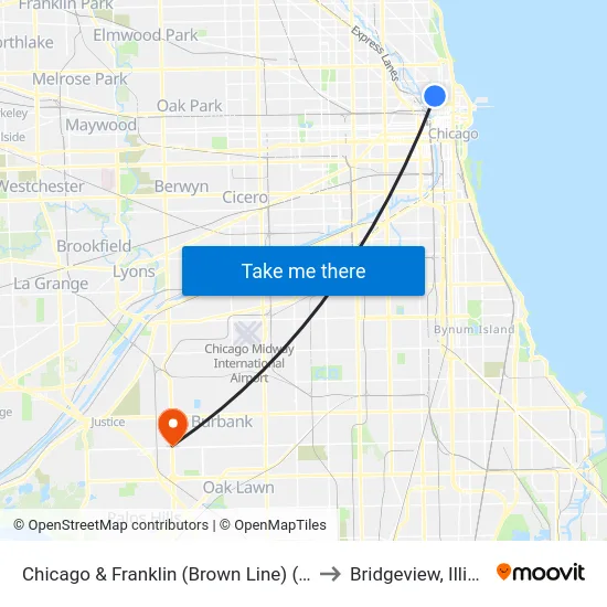 Chicago & Franklin (Brown Line) (East) to Bridgeview, Illinois map