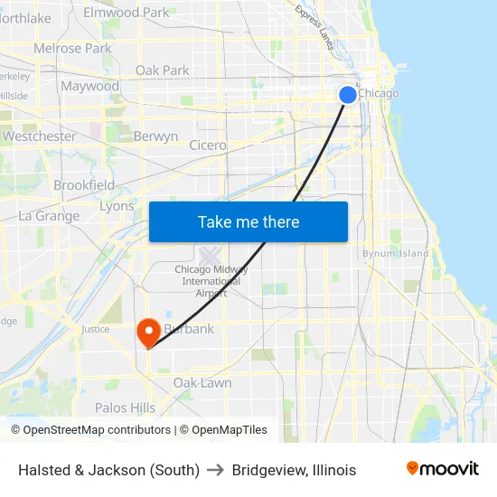 Halsted & Jackson (South) to Bridgeview, Illinois map