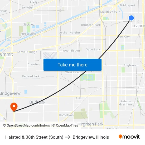Halsted & 38th Street (South) to Bridgeview, Illinois map