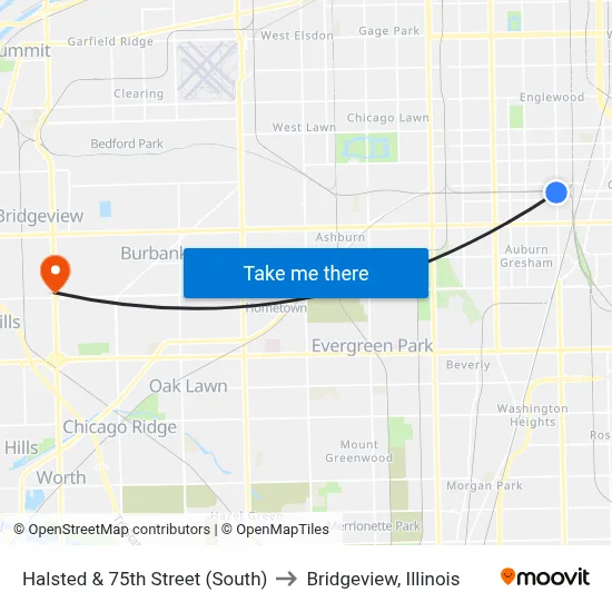 Halsted & 75th Street (South) to Bridgeview, Illinois map
