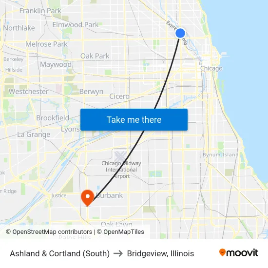 Ashland & Cortland (South) to Bridgeview, Illinois map