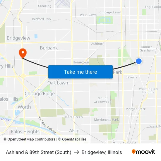 Ashland & 89th Street (South) to Bridgeview, Illinois map