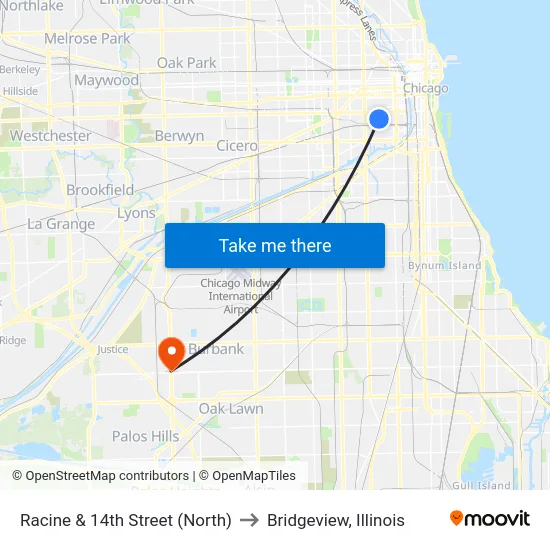 Racine & 14th Street (North) to Bridgeview, Illinois map