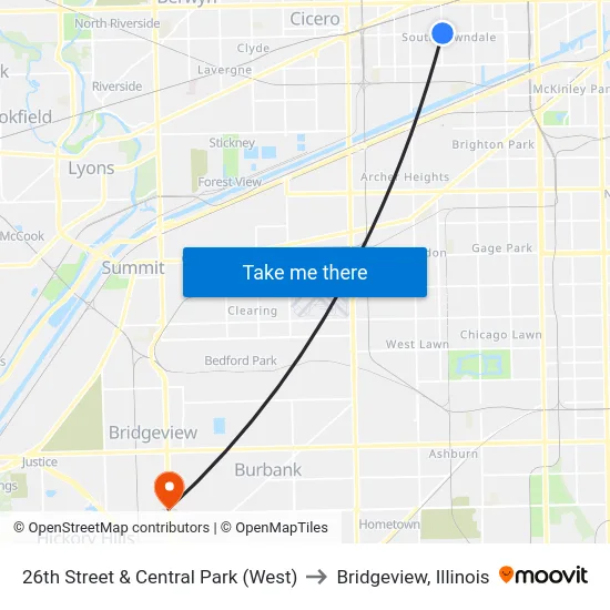 26th Street & Central Park (West) to Bridgeview, Illinois map