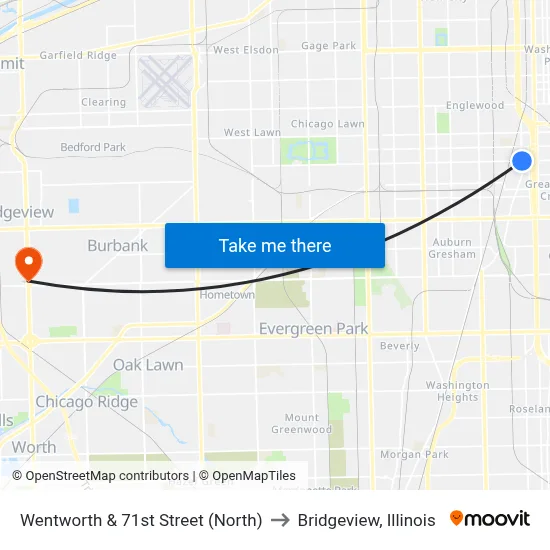 Wentworth & 71st Street (North) to Bridgeview, Illinois map