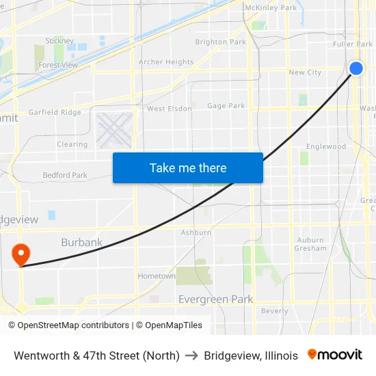 Wentworth & 47th Street (North) to Bridgeview, Illinois map