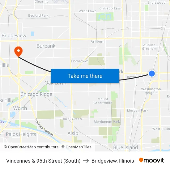 Vincennes & 95th Street (South) to Bridgeview, Illinois map