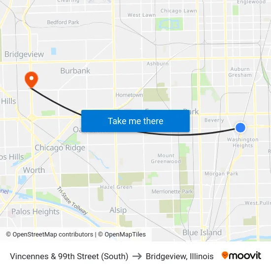 Vincennes & 99th Street (South) to Bridgeview, Illinois map