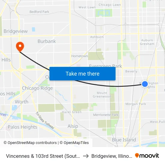 Vincennes & 103rd Street (South) to Bridgeview, Illinois map