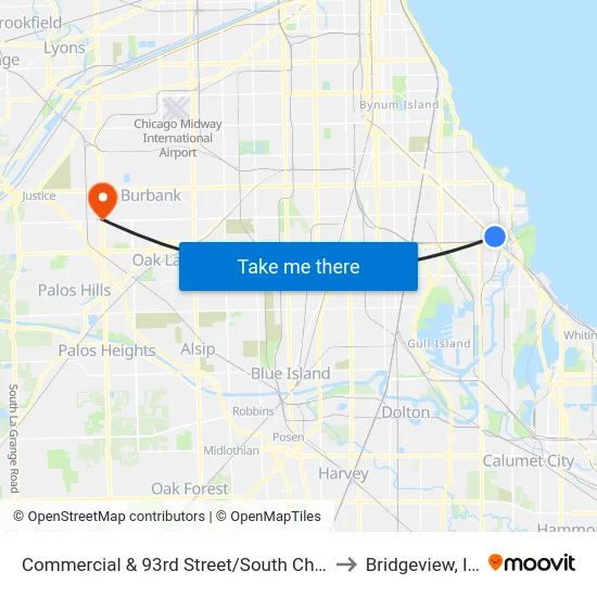 Commercial & 93rd Street/South Chicago (North) to Bridgeview, Illinois map
