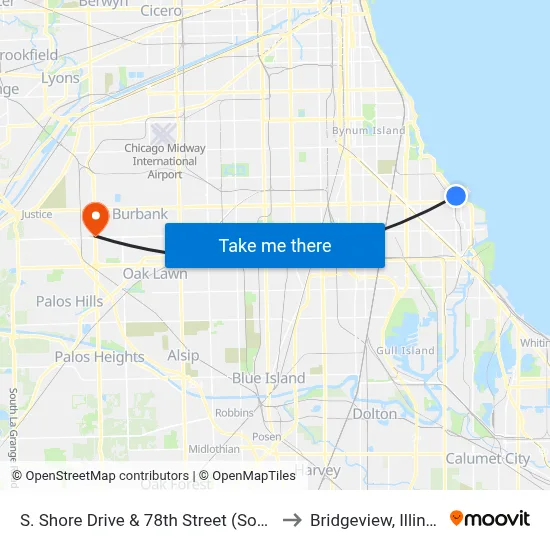 S. Shore Drive & 78th Street (South) to Bridgeview, Illinois map