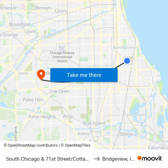 South Chicago & 71st Street/Cottage Grove (Se) to Bridgeview, Illinois map