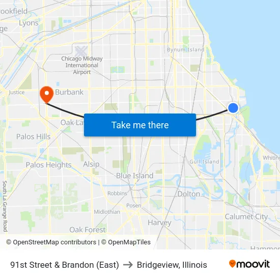 91st Street & Brandon (East) to Bridgeview, Illinois map