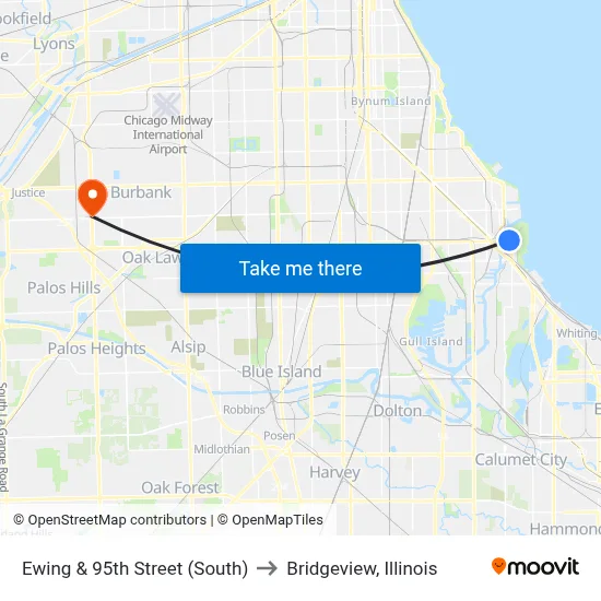 Ewing & 95th Street (South) to Bridgeview, Illinois map