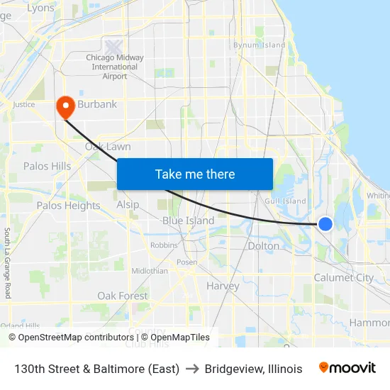 130th Street & Baltimore (East) to Bridgeview, Illinois map