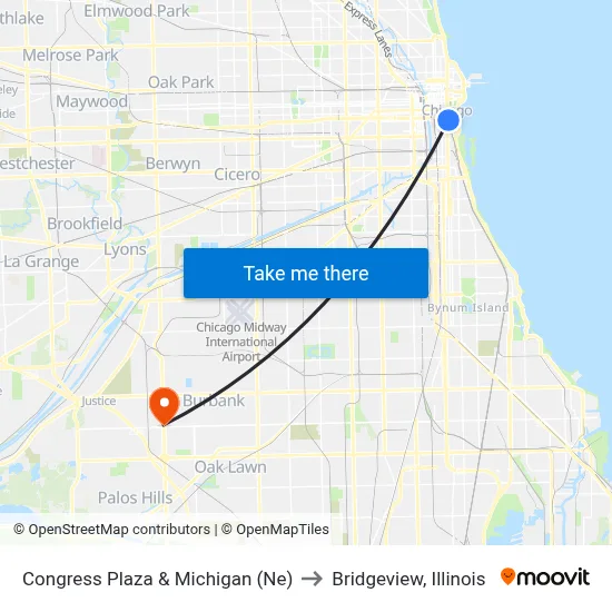 Congress Plaza & Michigan (Ne) to Bridgeview, Illinois map