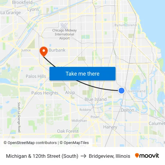 Michigan & 120th Street (South) to Bridgeview, Illinois map