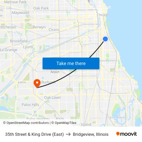 35th Street & King Drive (East) to Bridgeview, Illinois map