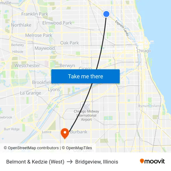 Belmont & Kedzie (West) to Bridgeview, Illinois map