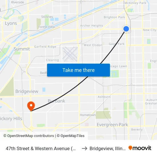 47th Street & Western Avenue (West) to Bridgeview, Illinois map