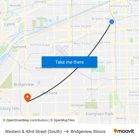 Western & 43rd Street (South) to Bridgeview, Illinois map