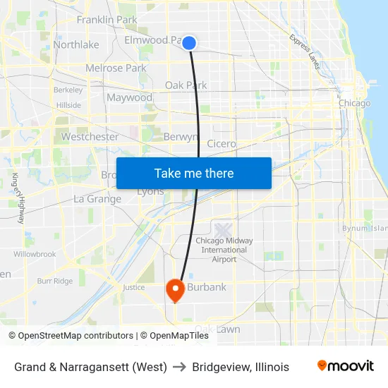 Grand & Narragansett (West) to Bridgeview, Illinois map