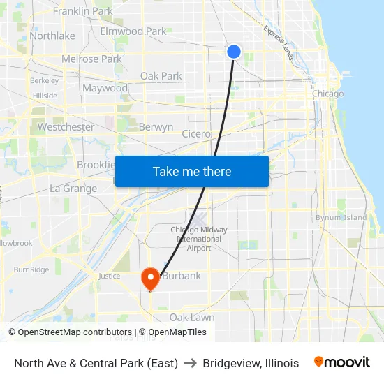 North Ave & Central Park (East) to Bridgeview, Illinois map