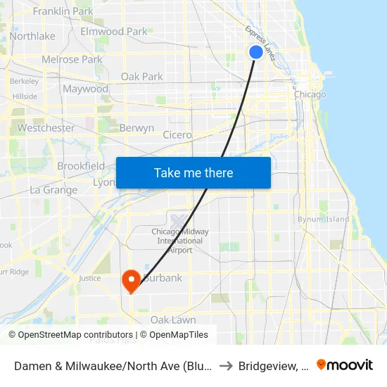 Damen & Milwaukee/North Ave (Blue Line) (North) to Bridgeview, Illinois map
