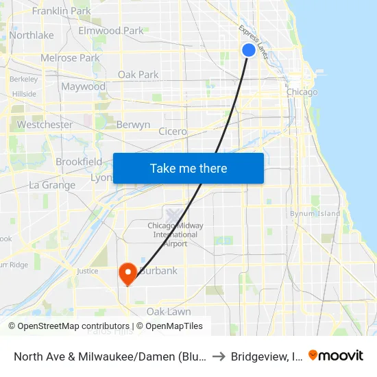 North Ave & Milwaukee/Damen (Blue Line) (East) to Bridgeview, Illinois map