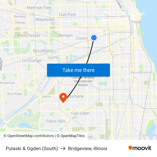 Pulaski & Ogden (South) to Bridgeview, Illinois map
