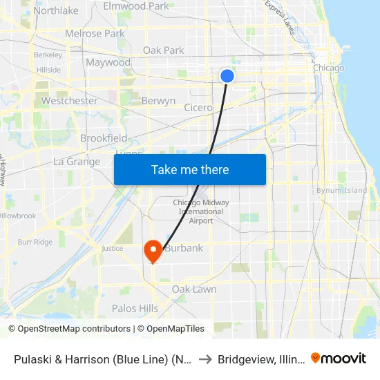 Pulaski & Harrison (Blue Line) (North) to Bridgeview, Illinois map