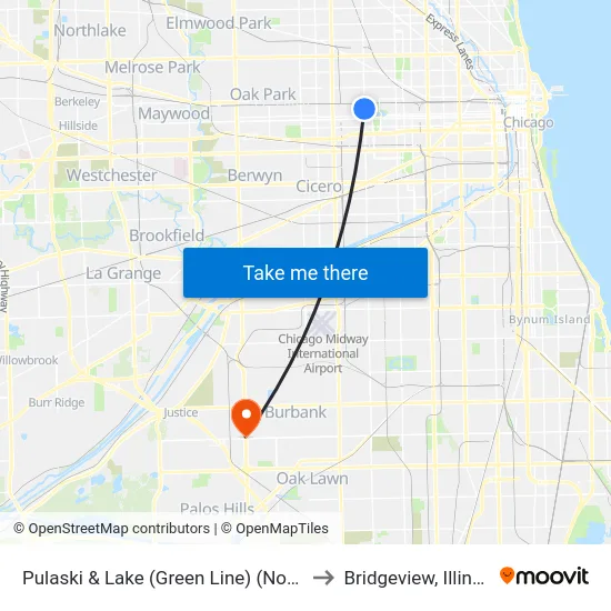 Pulaski & Lake (Green Line) (North) to Bridgeview, Illinois map