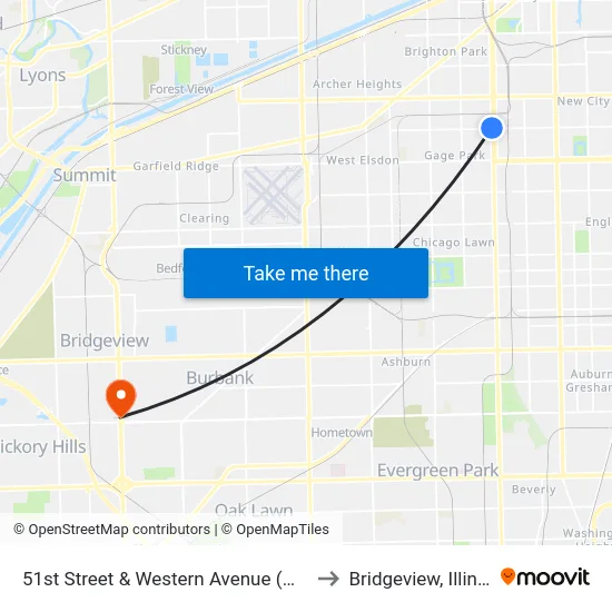 51st Street & Western Avenue (West) to Bridgeview, Illinois map