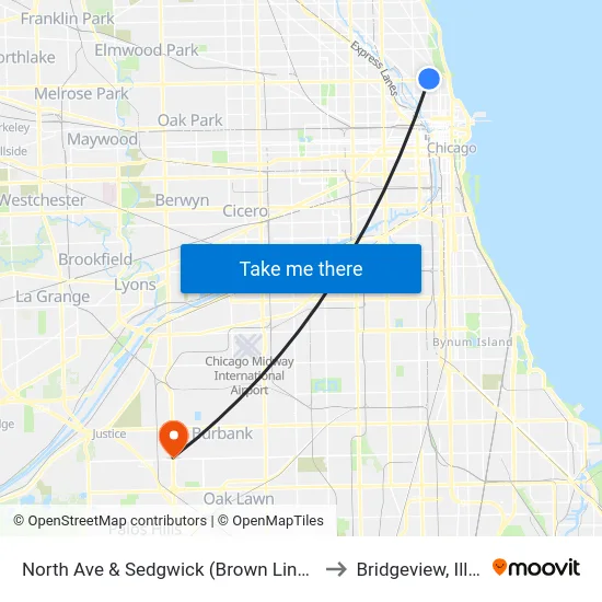 North Ave & Sedgwick (Brown Line) (West) to Bridgeview, Illinois map