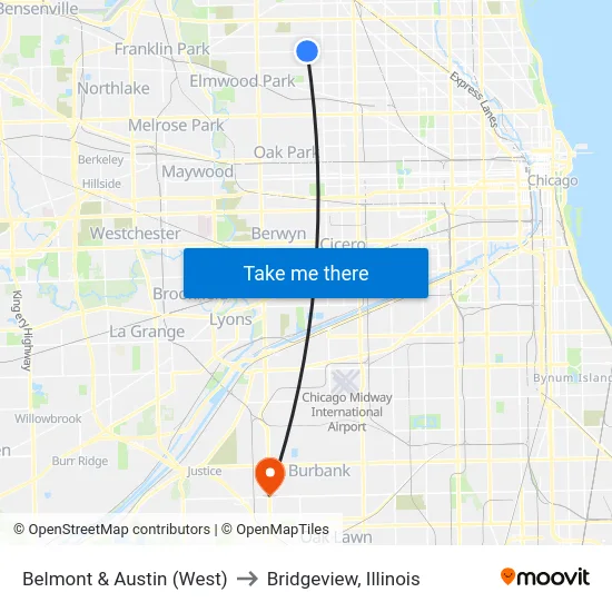 Belmont & Austin (West) to Bridgeview, Illinois map