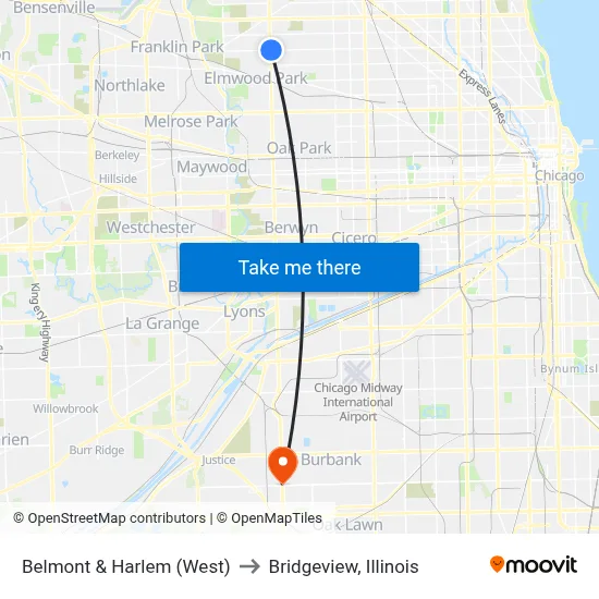 Belmont & Harlem (West) to Bridgeview, Illinois map