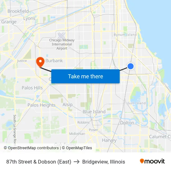 87th Street & Dobson (East) to Bridgeview, Illinois map