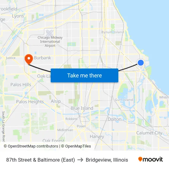 87th Street & Baltimore (East) to Bridgeview, Illinois map
