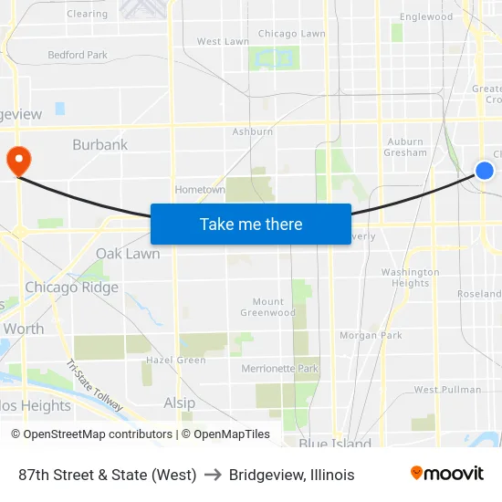 87th Street & State (West) to Bridgeview, Illinois map